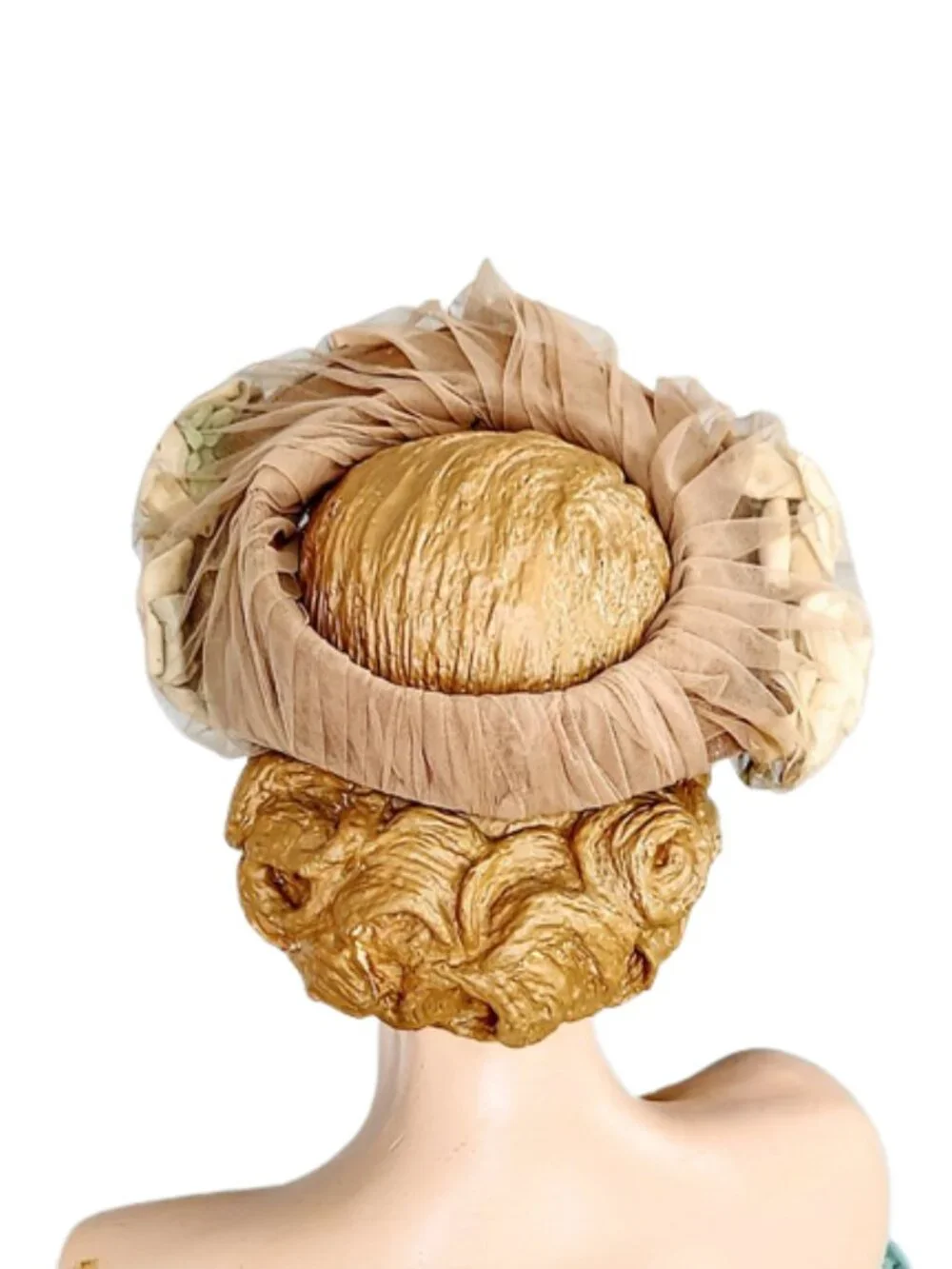Vintage 1950s Halo Open Crown Hat With Roses And Bows Covered With Tan Netting - Picture 6 of 7